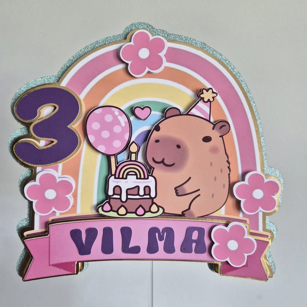 Colorful Birthday Cake Topper with Capybara Design